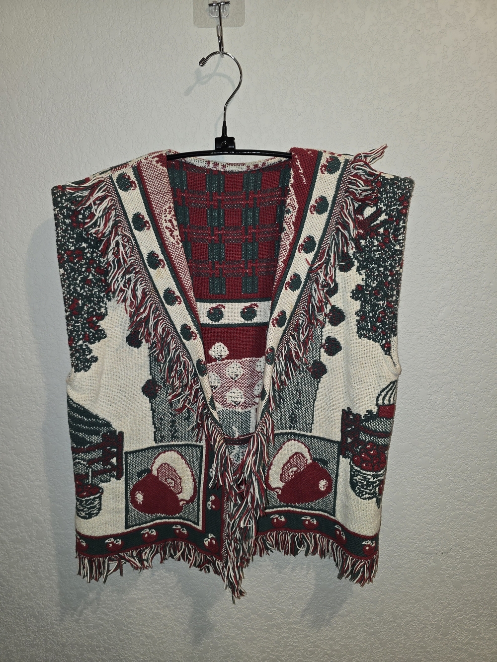 Vintage Woven Tapestry Fringe Vest Apple Orchard Horse & Wagon Scene - Size Larg